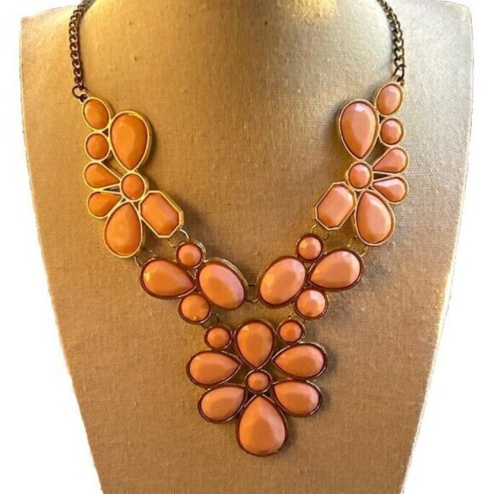 Vintage Pink Peachy cabochon Gold tone Statement chunky Necklace Western Piece